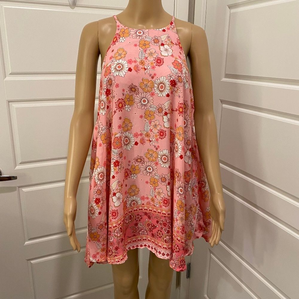 Floral Halter Dress Small Pink Orange Border Print Sleeveless Mini Sundress Boho